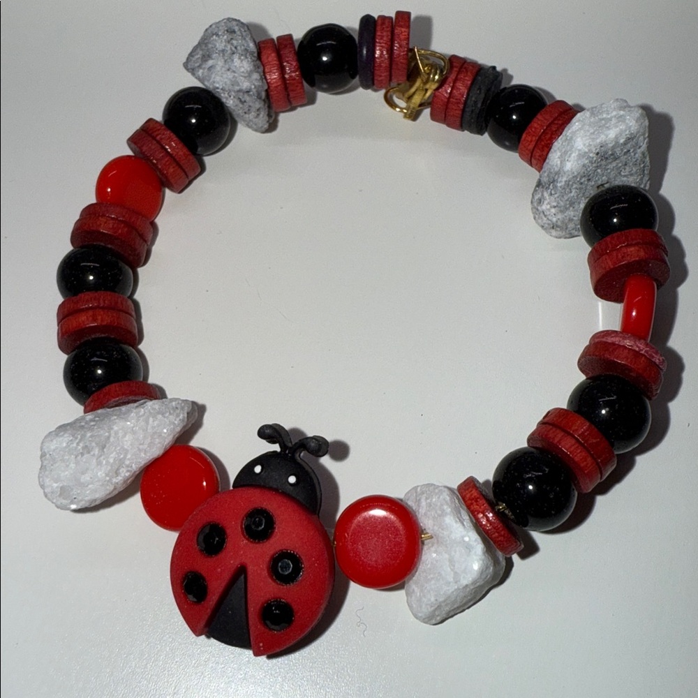 Whimsical Ladybug Beaded Bracelet - Red Black & stones